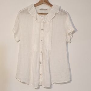 Zara White Linen Blouse with Ruffled Collar